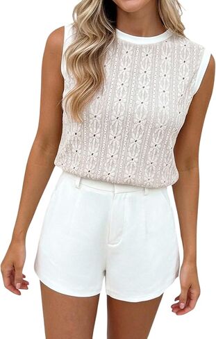 Women's Eyelet Embroidery Tank Top Summer Crew Neck Sleeveless Tops Beach Vacation Clothes in Saudi Arabia