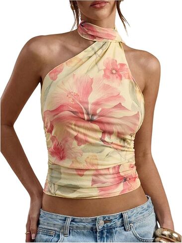 Floerns Women's Floral Sleeveless Halter Top Y2K Ruched Backless Tank Tops with Scarf in Saudi Arabia