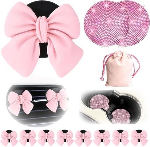 11pcs Pink Car Accessories Set, Air Vent Clips Car Accessories with 2pcs Car Cup Holder Coaster and 1 Storage Bag, Cute Car Decor for Women Girl in Kuwait