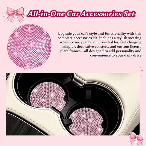 11pcs Pink Car Accessories Set, Air Vent Clips Car Accessories with 2pcs Car Cup Holder Coaster and 1 Storage Bag, Cute Car Decor for Women Girl in Kuwait