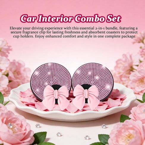 11pcs Pink Car Accessories Set, Air Vent Clips Car Accessories with 2pcs Car Cup Holder Coaster and 1 Storage Bag, Cute Car Decor for Women Girl in Kuwait