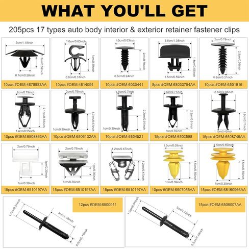 Siptenk 205PCS Car Retainer Clips Fasteners, 17 Popular Sizes Bumper Fender Door Panel Clips Auto Push Pin Rivets Set for Jeep Grand Cherokee WK WK2 Chrysler Dodge Ram in Kuwait