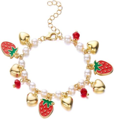 LOTSOF 18K Gold Plated Strawberry Cherry Heart Pearl Bracelet for Women Cute Fruit Adjustable Bracelets Christmas Holiday Birthday Gift Jewelry for Women in Kuwait