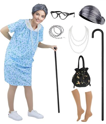 Old Lady Costume for Women 100 Days of School Costume Set Adult Grandma Costumes Dress Up Accessories for Halloween in Kuwait