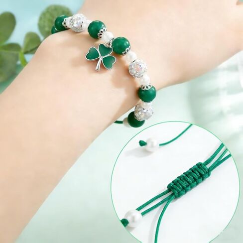 St. Patrick's Day Bracelet for Women Adjustable Clover Charm Beaded Bracelet with Irish Green Shamrock Pendant,Includes gift box& Greeting Card, St Patricks Day Jewelry Party Accessory in Kuwait