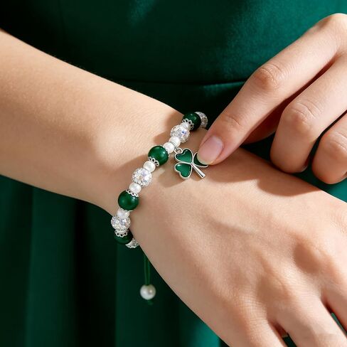 St. Patrick's Day Bracelet for Women Adjustable Clover Charm Beaded Bracelet with Irish Green Shamrock Pendant,Includes gift box& Greeting Card, St Patricks Day Jewelry Party Accessory in Kuwait