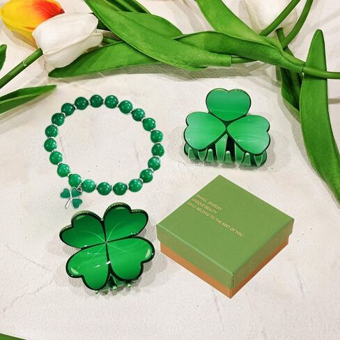 St. Patrick's Day Bracelet for Women Adjustable Clover Charm Beaded Bracelet with Irish Green Shamrock Pendant,Includes gift box& Greeting Card, St Patricks Day Jewelry Party Accessory in Kuwait
