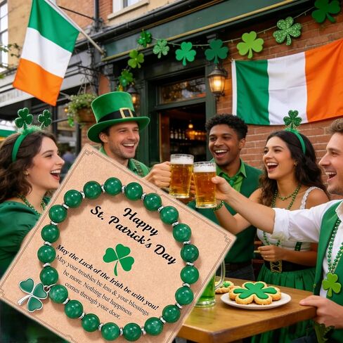 St. Patrick's Day Bracelet for Women Adjustable Clover Charm Beaded Bracelet with Irish Green Shamrock Pendant,Includes gift box& Greeting Card, St Patricks Day Jewelry Party Accessory in Kuwait