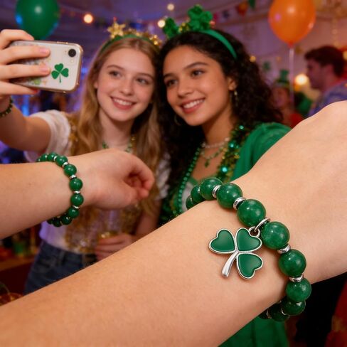 St. Patrick's Day Bracelet for Women Adjustable Clover Charm Beaded Bracelet with Irish Green Shamrock Pendant,Includes gift box& Greeting Card, St Patricks Day Jewelry Party Accessory in Kuwait