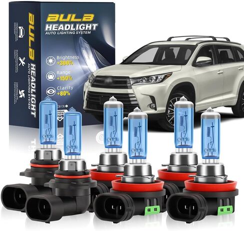Halogen Headlight Bulbs Fit for Toyota Highlander 2014-2019,9005 High Beam H11 Low Beam H11 Fog Lights,100W Head Lighting 300% Brightness 6000K,Pack of 6 (For Toyota Highlander 2014-2019) in Kuwait