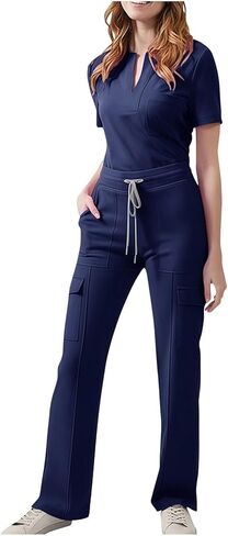 Scrubs Sets for Women 2 Piece V Neck Short Sleeve Stretch Fitted Shirts and Cargo Pants Joggers Scrub Set in Saudi Arabia