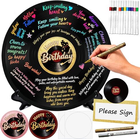 11.7" Vinyl Record Birthday Guest Book, Retro Sign-in Board Decoration, Includes 14 Pens, 5 Center Stickers & 20 Place Cards, Milestone Birthday Party Keepsake Gift in Saudi Arabia