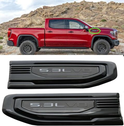 طقم زوج مخصص 5.3L V8 تنفيس شعارات ثلاثية الأبعاد شارة يسار ويمين متوافقة مع 2019-2024 GMC Sierra GM 85160715 (أسود لامع) in Kuwait