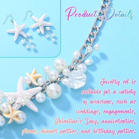 Unicra Silver Starfish Jewelry Set Pearl Mermaid Ocean Necklace Earrings Sets Beach Wedding Jewelry Sets for Women and Brides in Saudi Arabia