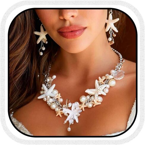 Unicra Silver Starfish Jewelry Set Pearl Mermaid Ocean Necklace Earrings Sets Beach Wedding Jewelry Sets for Women and Brides in Saudi Arabia