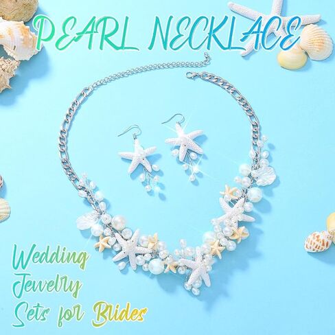 Unicra Silver Starfish Jewelry Set Pearl Mermaid Ocean Necklace Earrings Sets Beach Wedding Jewelry Sets for Women and Brides in Saudi Arabia
