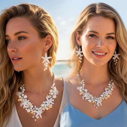 Unicra Silver Starfish Jewelry Set Pearl Mermaid Ocean Necklace Earrings Sets Beach Wedding Jewelry Sets for Women and Brides in Saudi Arabia