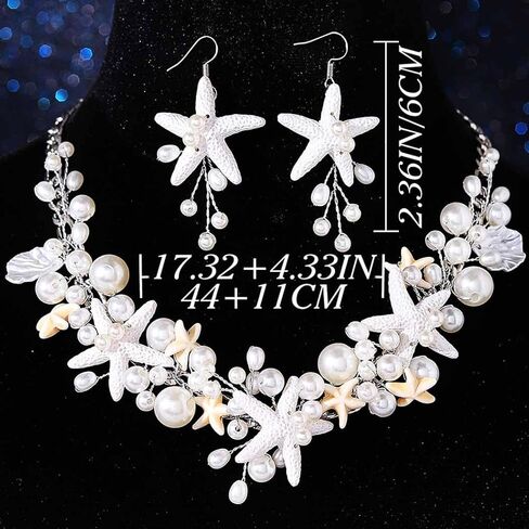 Unicra Silver Starfish Jewelry Set Pearl Mermaid Ocean Necklace Earrings Sets Beach Wedding Jewelry Sets for Women and Brides in Saudi Arabia