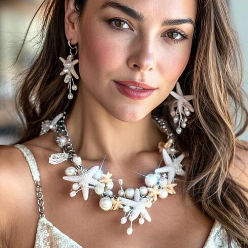 Unicra Silver Starfish Jewelry Set Pearl Mermaid Ocean Necklace Earrings Sets Beach Wedding Jewelry Sets for Women and Brides in Saudi Arabia