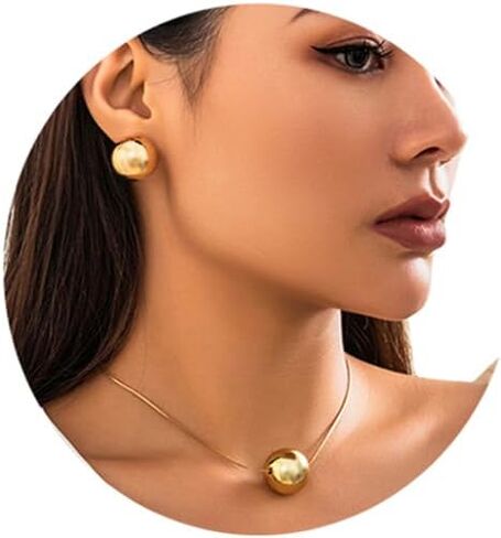 مجموعة مجوهرات من الخرز الكبير على شكل كرة قلادة وأقراط مجموعة مجوهرات على شكل عظمة الثعبان وقلادة على شكل كرة ذهبية وسلسلة مجوهرات لحفلات الزفاف للنساء (ذهبي) in Kuwait