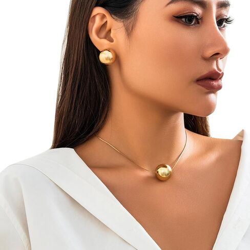 مجموعة مجوهرات من الخرز الكبير على شكل كرة قلادة وأقراط مجموعة مجوهرات على شكل عظمة الثعبان وقلادة على شكل كرة ذهبية وسلسلة مجوهرات لحفلات الزفاف للنساء (ذهبي) in Kuwait