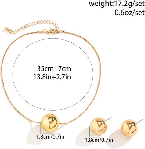 مجموعة مجوهرات من الخرز الكبير على شكل كرة قلادة وأقراط مجموعة مجوهرات على شكل عظمة الثعبان وقلادة على شكل كرة ذهبية وسلسلة مجوهرات لحفلات الزفاف للنساء (ذهبي) in Kuwait
