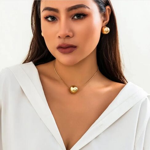 مجموعة مجوهرات من الخرز الكبير على شكل كرة قلادة وأقراط مجموعة مجوهرات على شكل عظمة الثعبان وقلادة على شكل كرة ذهبية وسلسلة مجوهرات لحفلات الزفاف للنساء (ذهبي) in Kuwait