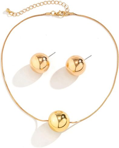 مجموعة مجوهرات من الخرز الكبير على شكل كرة قلادة وأقراط مجموعة مجوهرات على شكل عظمة الثعبان وقلادة على شكل كرة ذهبية وسلسلة مجوهرات لحفلات الزفاف للنساء (ذهبي) in Kuwait