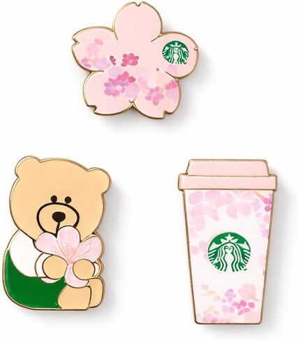 مجموعة دبابيس المينا Starbucks Cherry Blossom 2026 - مجموعة دبابيس ساكورا المكونة من 3 قطع مع تصميمات Bearista وBlossom وCoffee Cup، ودبابيس طية صدر السترة من مجموعة Starbucks Spring للحقائب والسترات والهدايا in Kuwait