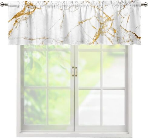 Marble White Gold Valance Curtains for Living Room, Golden Jade Crackles Modern Luxury Art Decor Window Treatments, Rod Pocket Drapes for Bathroom Kitchen, 54x18in 1P in Saudi Arabia