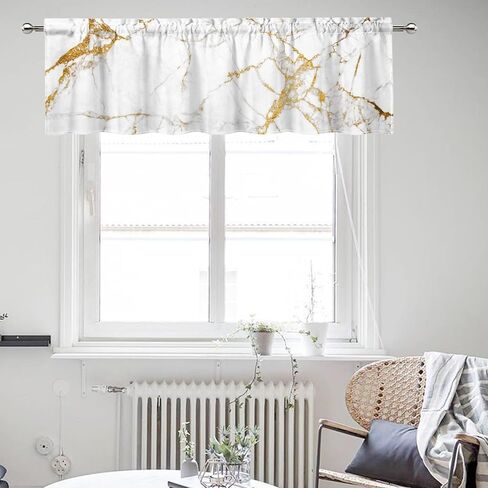 Marble White Gold Valance Curtains for Living Room, Golden Jade Crackles Modern Luxury Art Decor Window Treatments, Rod Pocket Drapes for Bathroom Kitchen, 54x18in 1P in Saudi Arabia