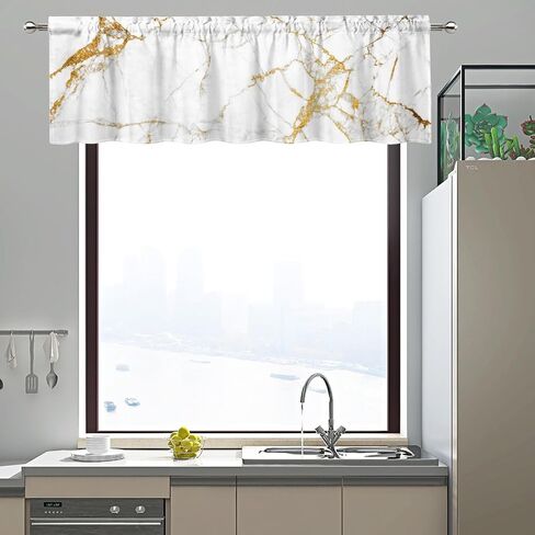 Marble White Gold Valance Curtains for Living Room, Golden Jade Crackles Modern Luxury Art Decor Window Treatments, Rod Pocket Drapes for Bathroom Kitchen, 54x18in 1P in Saudi Arabia