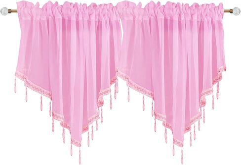 Beaded Sheer Windows Valance 51.1 in W x 23.6 in L, Scalloped Kitchen Curtain, Bathroom Swag Sheer with Rod Pocket, Short Valance Drape for Bedroom Living Room (3Pcs Pink) in Kuwait