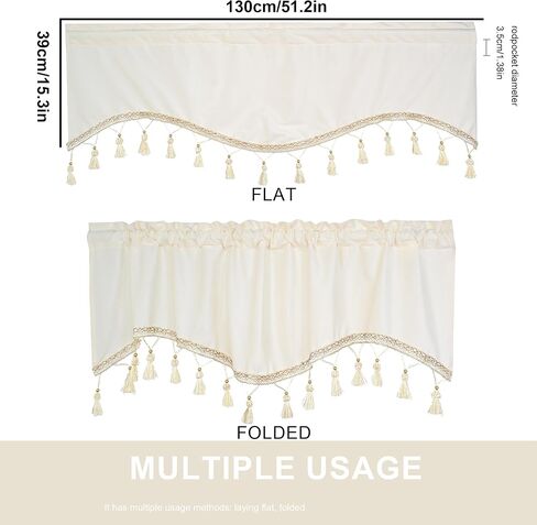 Molaxhome Scalloped Valance Curtains - Solid Colour Velvet Curtains Matching with Tassels for Living Room,Bedroom and Dormitory (Beige, 51.2W x 15.3L) in Kuwait
