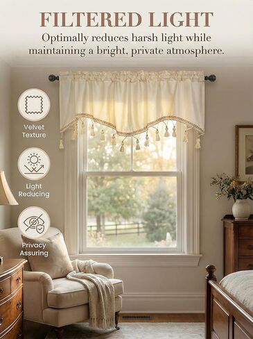 Molaxhome Scalloped Valance Curtains - Solid Colour Velvet Curtains Matching with Tassels for Living Room,Bedroom and Dormitory (Beige, 51.2W x 15.3L) in Kuwait
