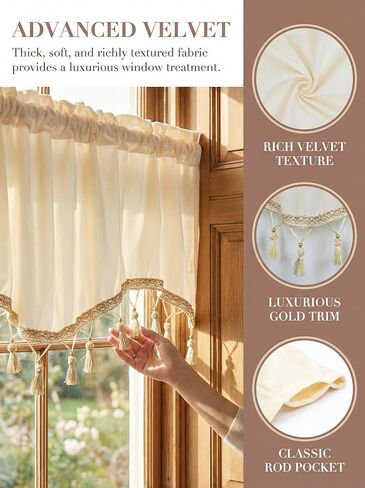 Molaxhome Scalloped Valance Curtains - Solid Colour Velvet Curtains Matching with Tassels for Living Room,Bedroom and Dormitory (Beige, 51.2W x 15.3L) in Kuwait