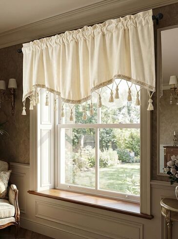 Molaxhome Scalloped Valance Curtains - Solid Colour Velvet Curtains Matching with Tassels for Living Room,Bedroom and Dormitory (Beige, 51.2W x 15.3L) in Kuwait