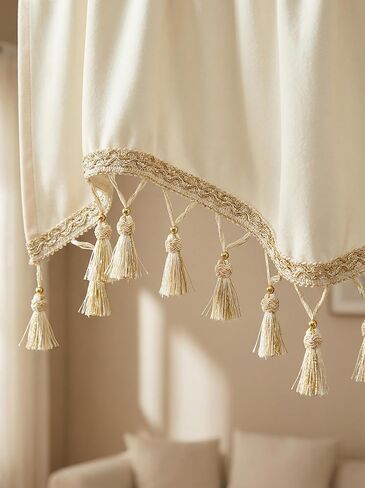 Molaxhome Scalloped Valance Curtains - Solid Colour Velvet Curtains Matching with Tassels for Living Room,Bedroom and Dormitory (Beige, 51.2W x 15.3L) in Kuwait