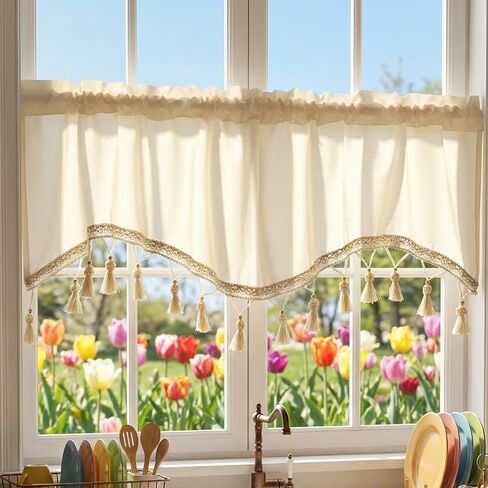 Molaxhome Scalloped Valance Curtains - Solid Colour Velvet Curtains Matching with Tassels for Living Room,Bedroom and Dormitory (Beige, 51.2W x 15.3L) in Kuwait