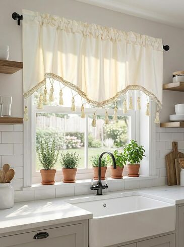 Molaxhome Scalloped Valance Curtains - Solid Colour Velvet Curtains Matching with Tassels for Living Room,Bedroom and Dormitory (Beige, 51.2W x 15.3L) in Kuwait