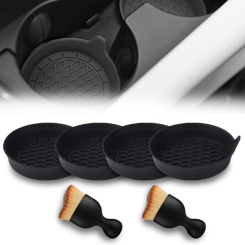 قواعد أكواب السيارة، حامل أكواب من السيليكون (4 عبوات) مع فرشاة تفاصيل تلقائية (عبوتان)، ملحقات داخلية للسيارة ذات حافة مرتفعة غير قابلة للانزلاق، عالمية لسيارات الدفع الرباعي والسيدان والشاحنة (أسود) in Kuwait