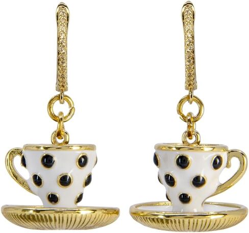 Alice in Wonderland Tea Party Polka Dot Teacup Dangle Earrings, Lewis Carroll Wonderland Inspired Jewelry, Enamel Teacups, Gold Tone CZ Studded Leverback in Saudi Arabia