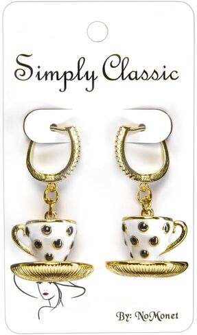 Alice in Wonderland Tea Party Polka Dot Teacup Dangle Earrings, Lewis Carroll Wonderland Inspired Jewelry, Enamel Teacups, Gold Tone CZ Studded Leverback in Saudi Arabia