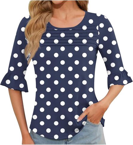 Polka Dot Blouse for Women Half Sleeve Pleated Crew Neck Tees Shirts Elbow Length Tunic Blouses for Weedkend Outings in Saudi Arabia