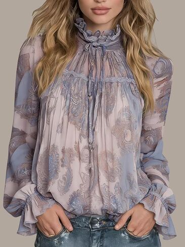 Women's Tops with Ruffled Long Sleeves Boho Paisley Print Top Oversized Casual Flowy Tops Shirts Tie Neck Chiffon Top in Saudi Arabia