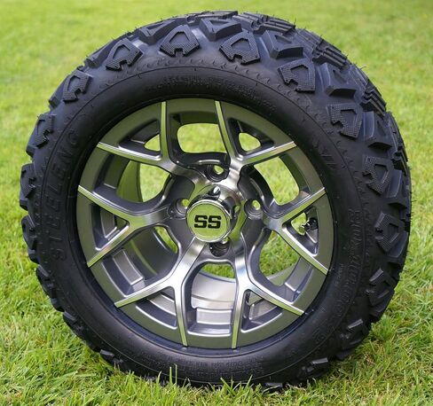 12" RALLY Gunmetal Golf Cart Wheels and 20x10-12 DOT All Terrain Golf Cart Tires - Set of 4 - NO LIFT REQUIRED (read description) in Kuwait