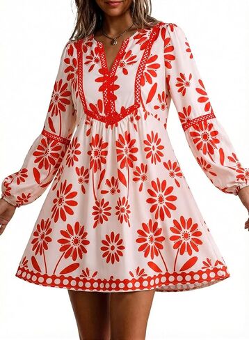 Dokotoo Boho Dresses for Women 2026 Floral V Neck Long Sleeve Embroidered Lace Beach Vacation Mini Dress in Saudi Arabia