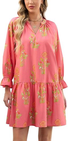 Women's 2026 Summer Boho Floral Mini Dress V Neck Puff Long Sleeve Ruffle Tiered Flowy Beach Vacation Dress in Saudi Arabia