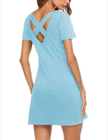 فستان تي شيرت نسائي كاجوال مخطط متقاطع بأكمام قصيرة مع جيوب من Feager in Kuwait