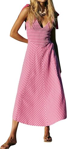 Women Casual Summer Striped Dresses Smocked V Neck Bow Beach Dress Sleeveless Sundress Beach Long Flowy Dress in Saudi Arabia